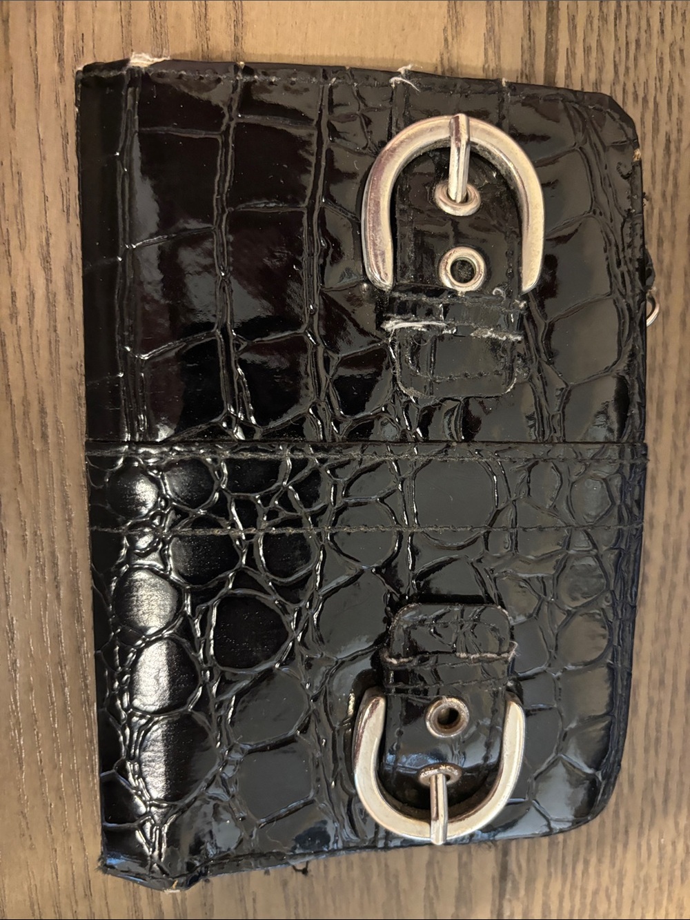 Black Croc-Embossed Patent Wallet with Silver Buckle Hardware